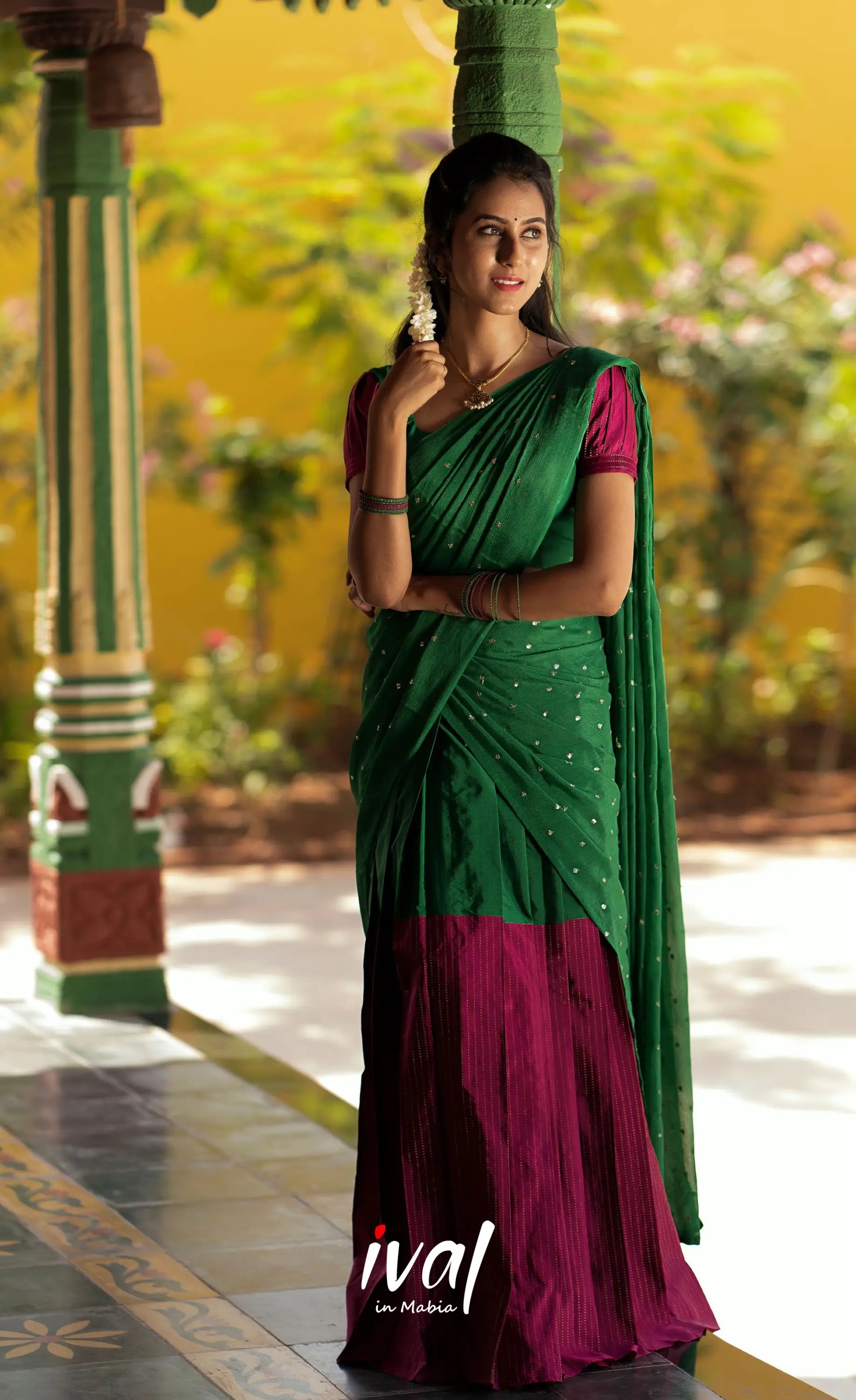 Padmakshi Blended Silk Halfsaree - Green and Light Burgundy Half Sarees