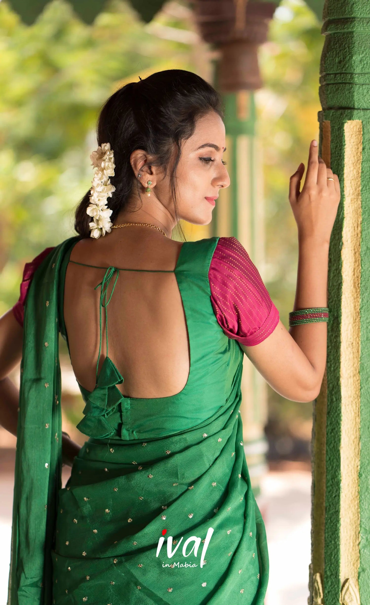 Padmakshi Blended Silk Halfsaree - Green and Light Burgundy Half Sarees