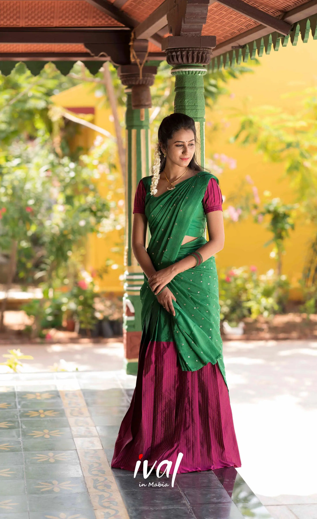 Padmakshi Blended Silk Halfsaree - Green and Light Burgundy Half Sarees