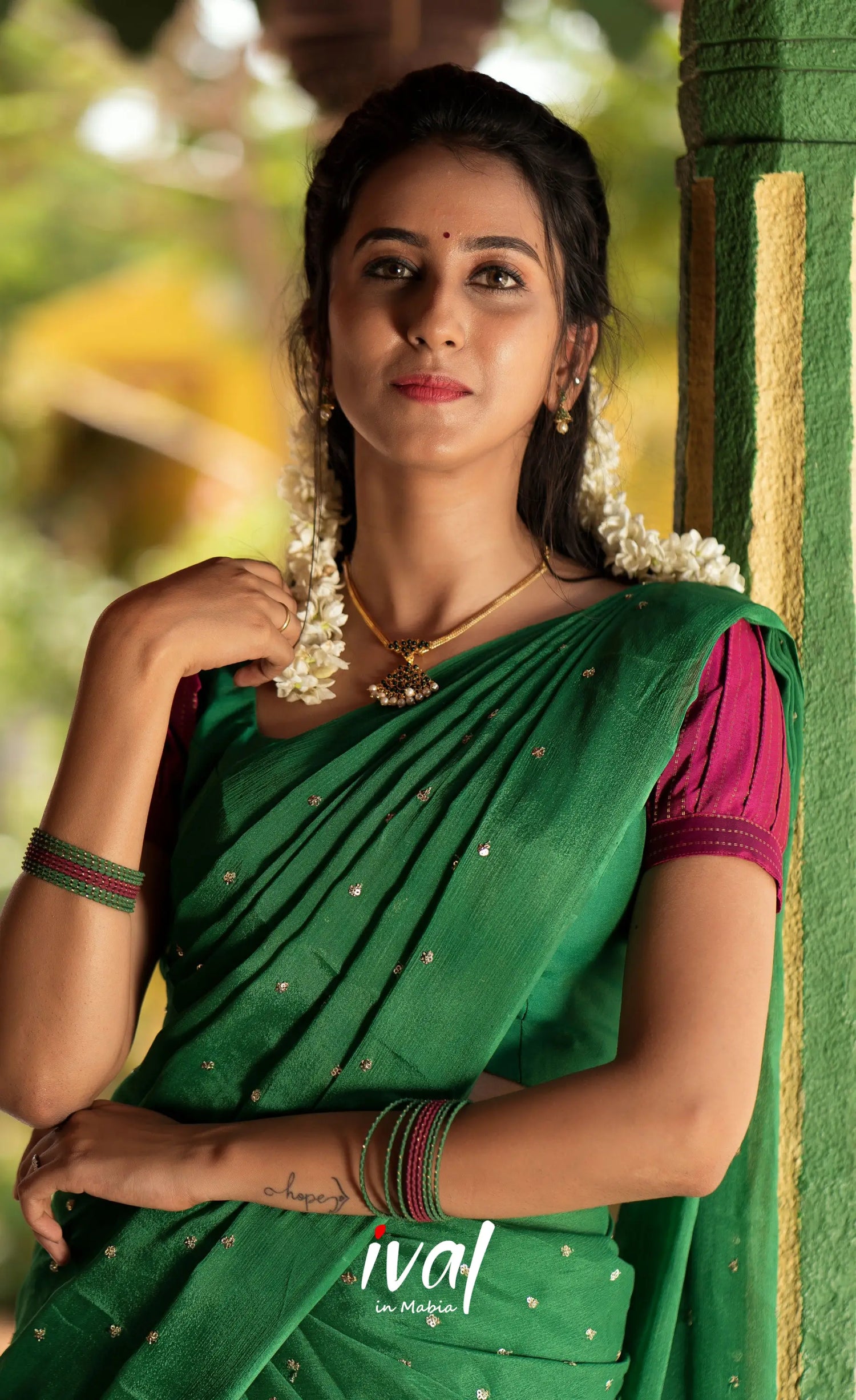 Padmakshi Blended Silk Halfsaree - Green and Light Burgundy Half Sarees