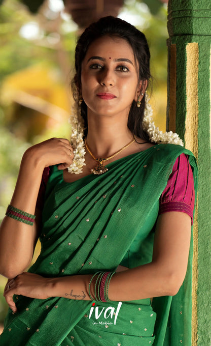 Padmakshi Blended Silk Halfsaree - Green and Light Burgundy Half Sarees