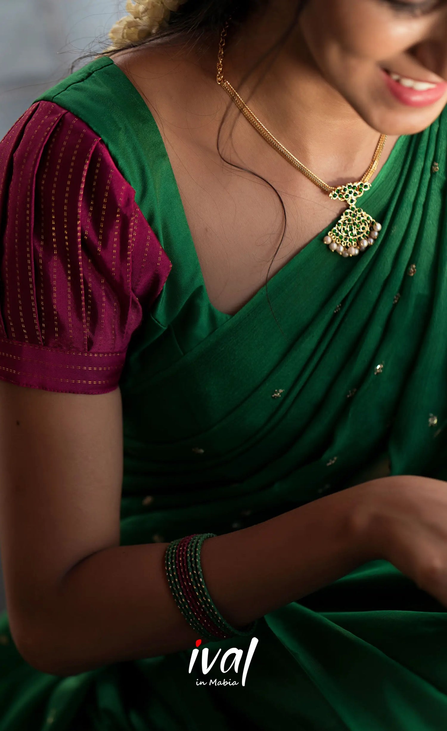 Padmakshi Blended Silk Halfsaree - Green and Light Burgundy Half Sarees