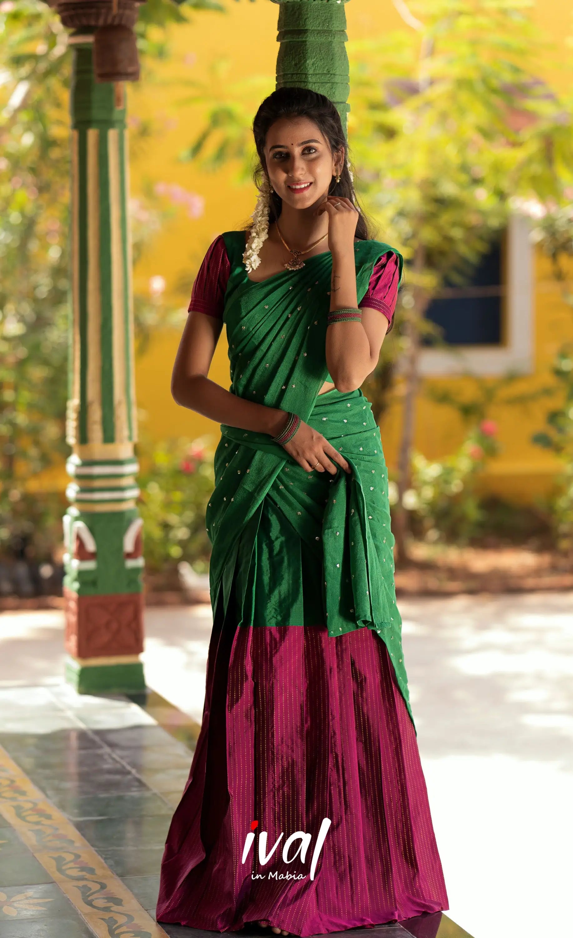 Padmakshi Blended Silk Halfsaree - Green and Light Burgundy Half Sarees
