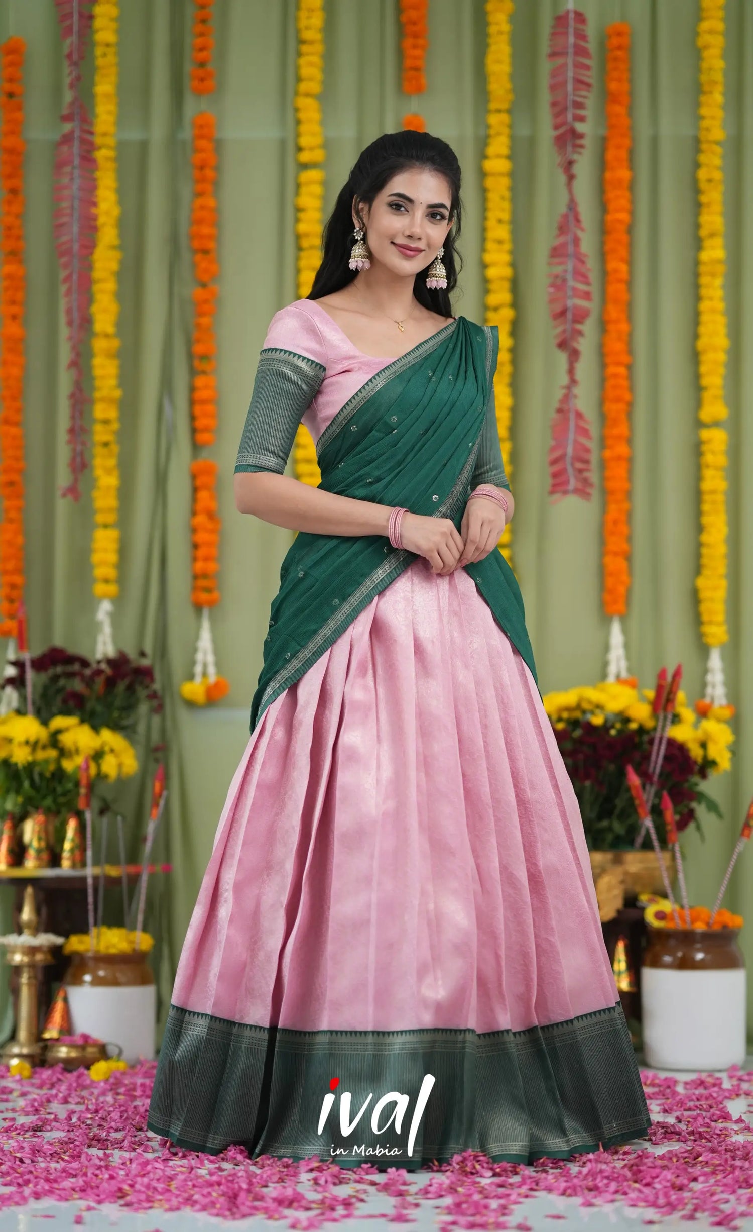 Padmakshi Blended Silk Halfsaree Light Green and Bottle Green Half Sarees
