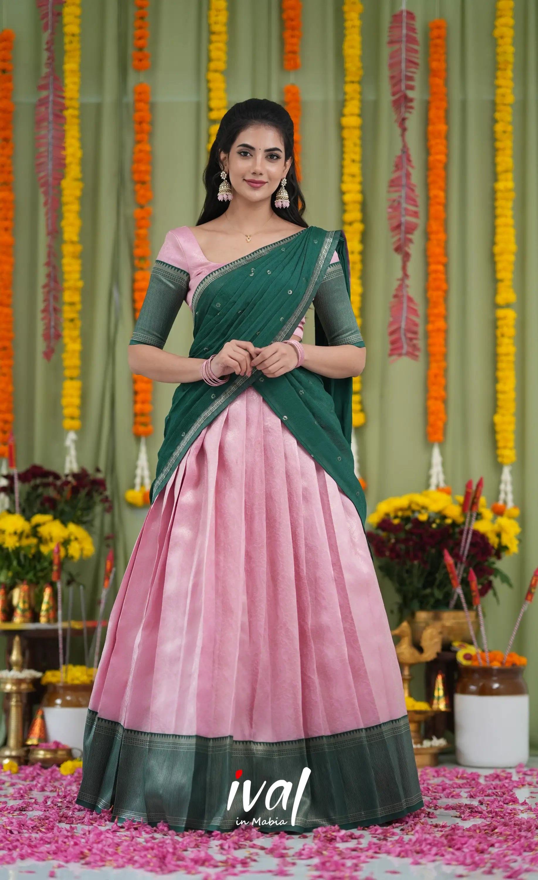 Padmakshi Blended Silk Halfsaree Light Green and Bottle Green Half Sarees