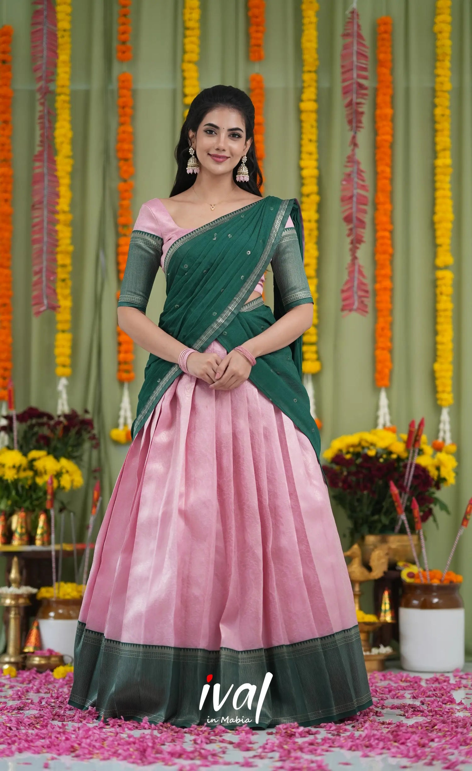 Padmakshi Blended Silk Halfsaree Light Green and Bottle Green Half Sarees