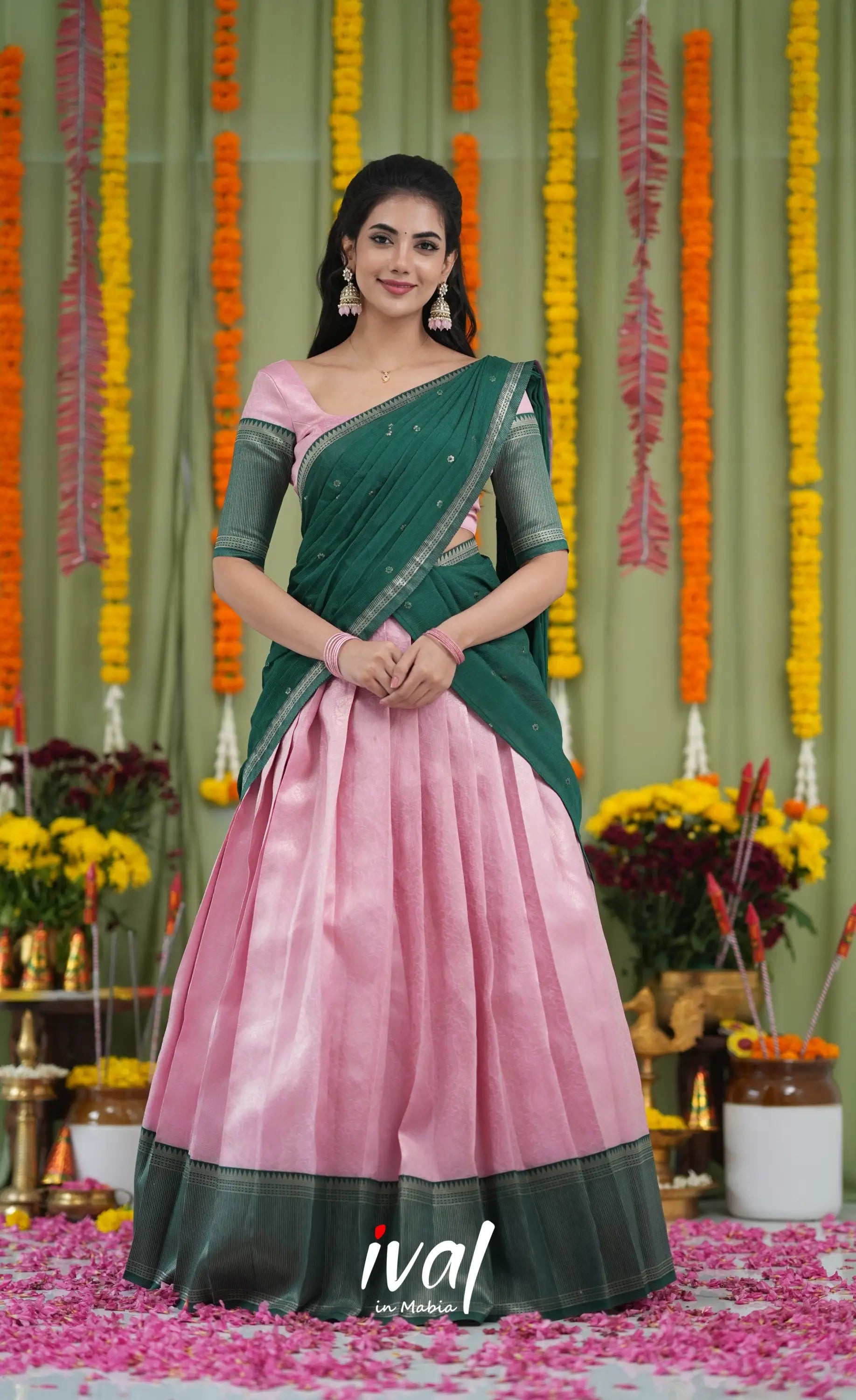 Padmakshi Blended Silk Halfsaree Light Green and Bottle Green Half Sarees