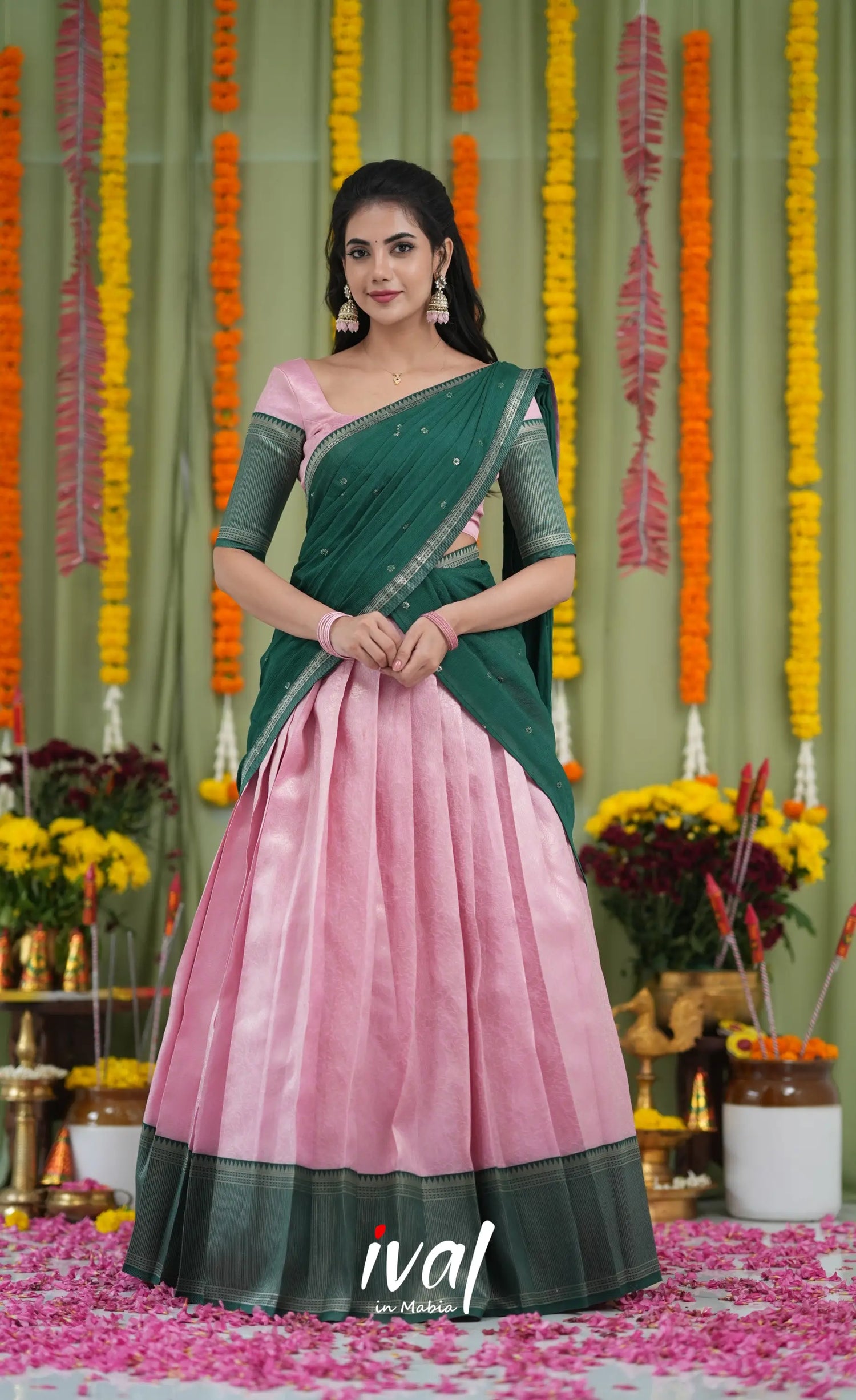 Padmakshi Blended Silk Halfsaree Light Green and Bottle Green Half Sarees