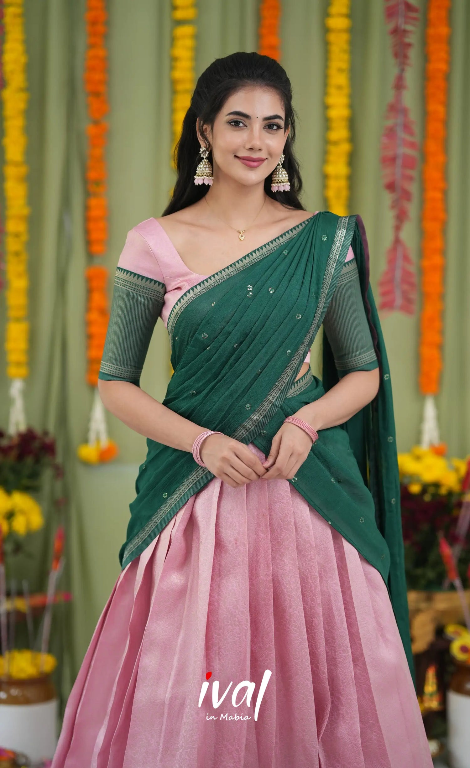 Padmakshi Blended Silk Halfsaree Light Green and Bottle Green Half Sarees