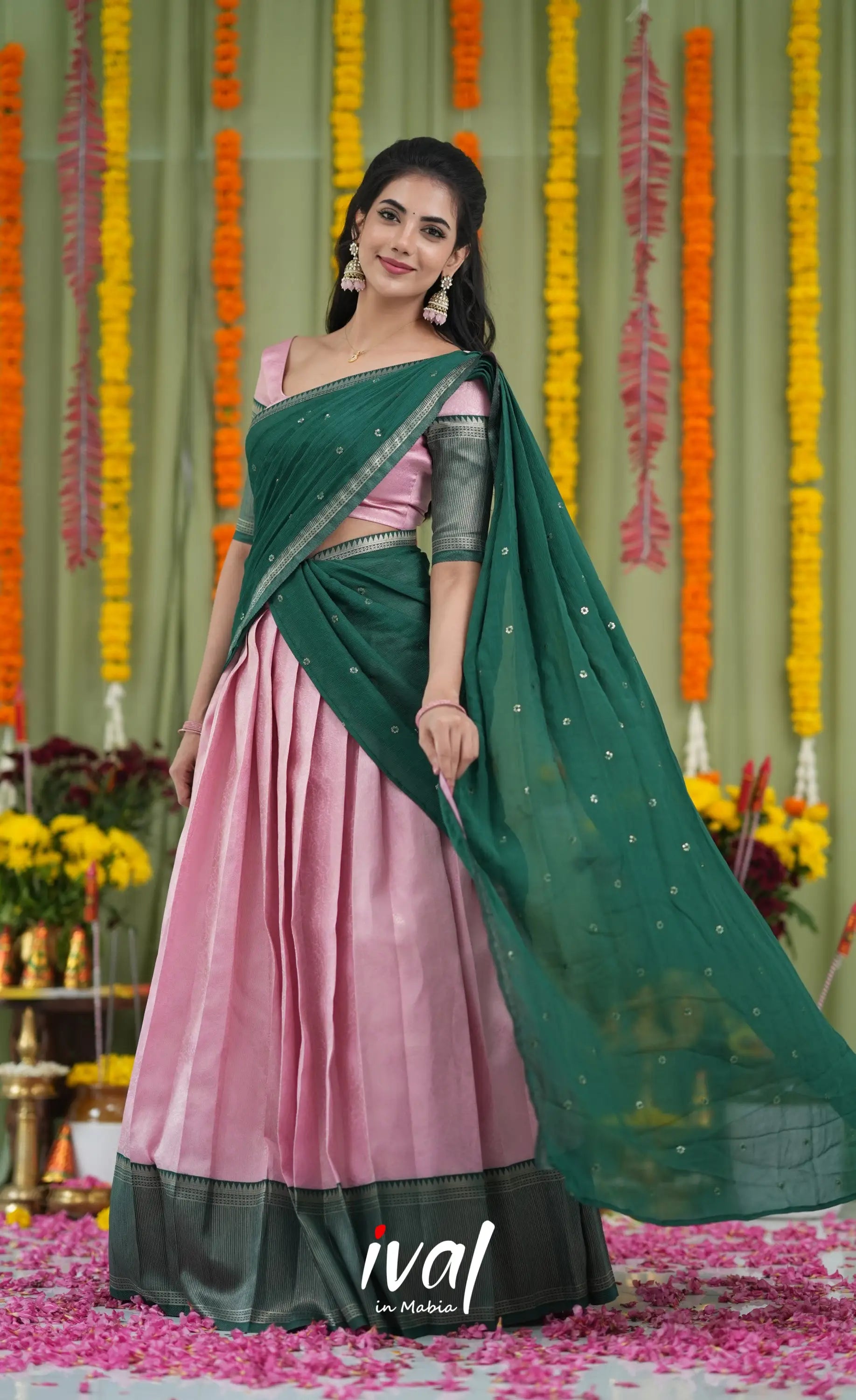 Padmakshi Blended Silk Halfsaree Light Green and Bottle Green Half Sarees