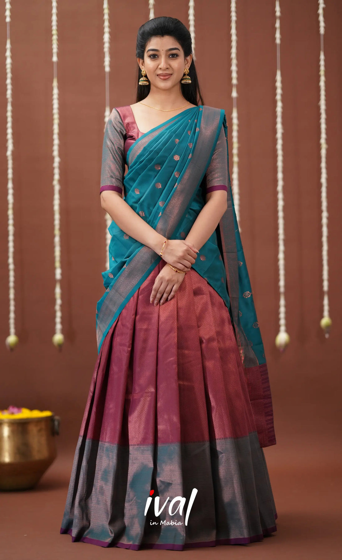 Padmakshi Blended Silk Halfsaree - Magenta And Turquoise Blue Half Sarees