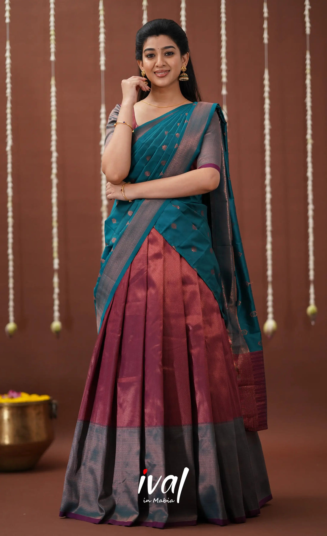 Padmakshi Blended Silk Halfsaree - Magenta And Turquoise Blue Half Sarees