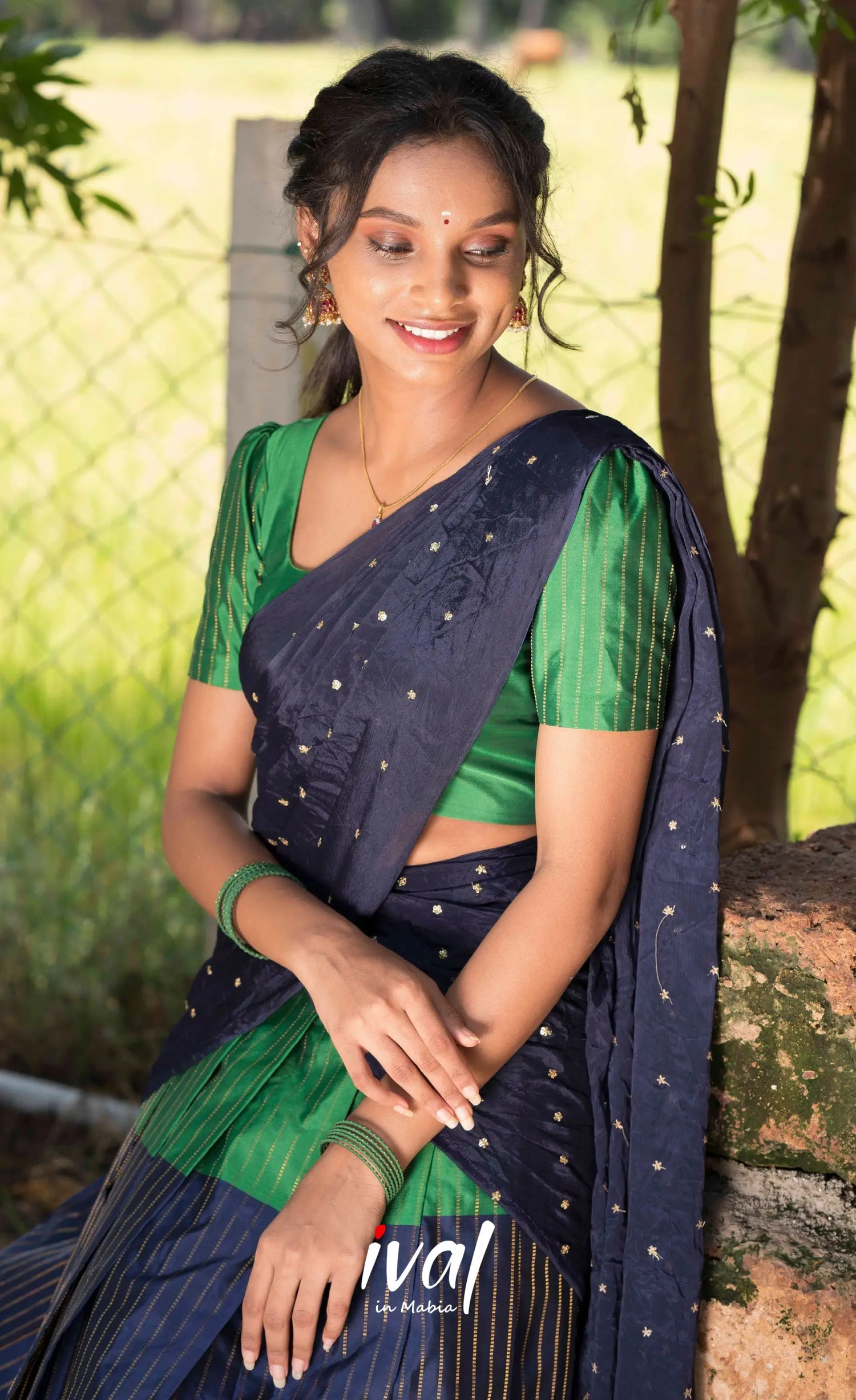 Padmakshi Blended Silk Halfsaree - Magenta Navy Blue and Green Half Sarees