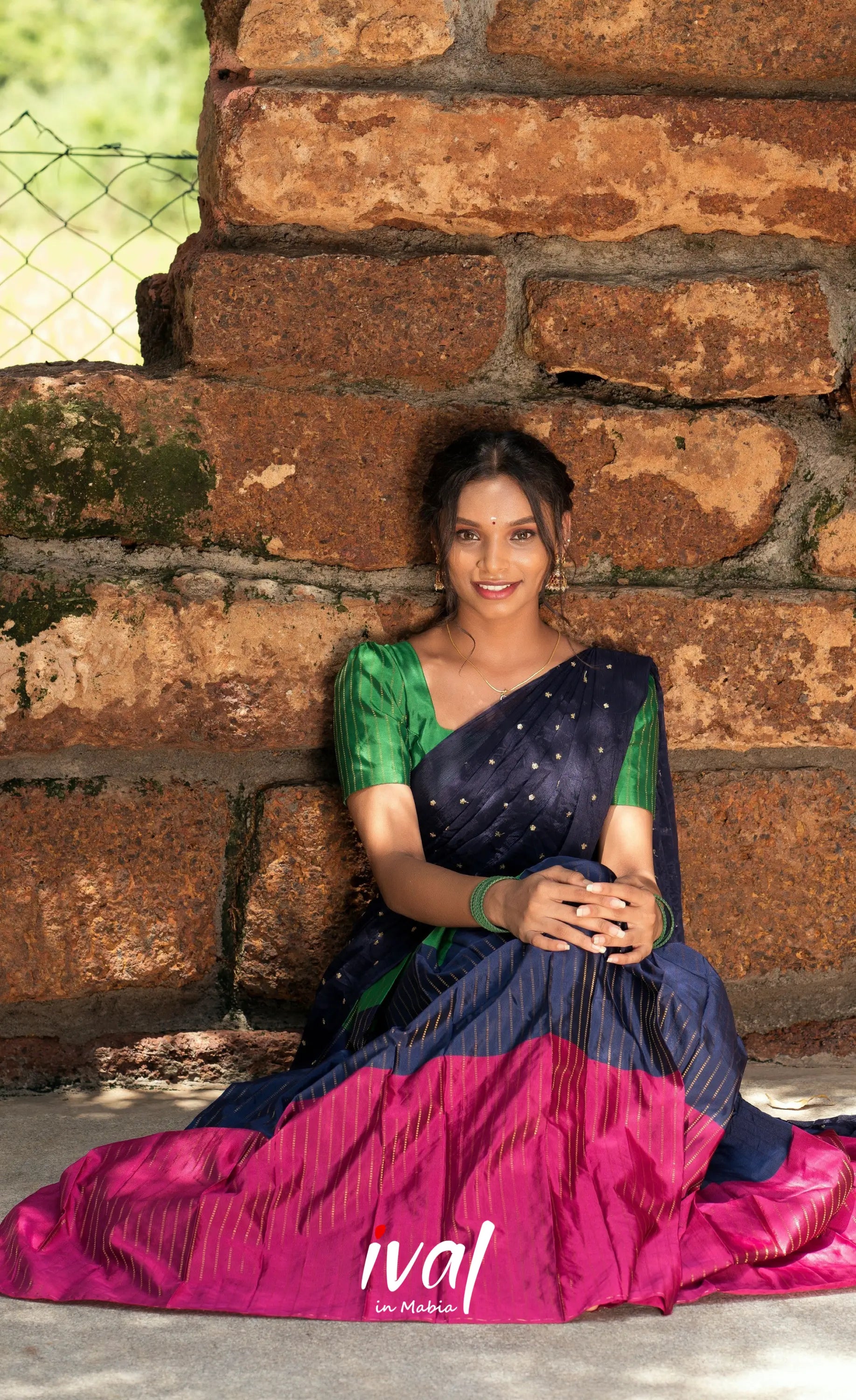 Padmakshi Blended Silk Halfsaree - Magenta Navy Blue and Green Half Sarees