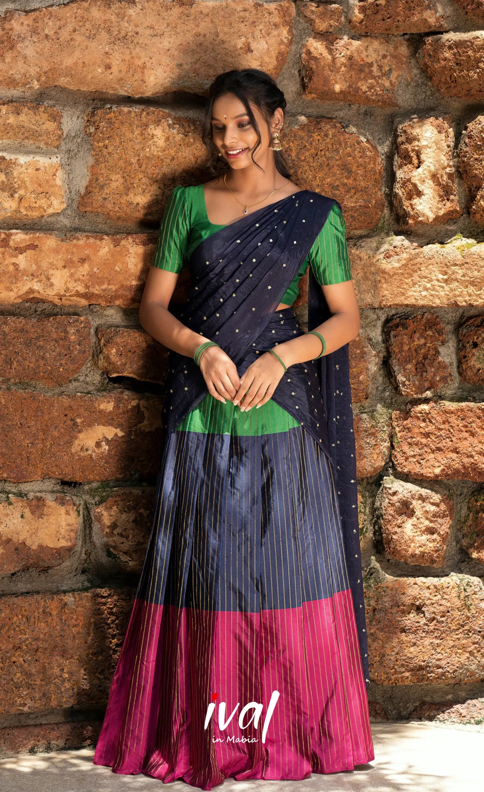Padmakshi Blended Silk Halfsaree - Magenta Navy Blue and Green Half Sarees