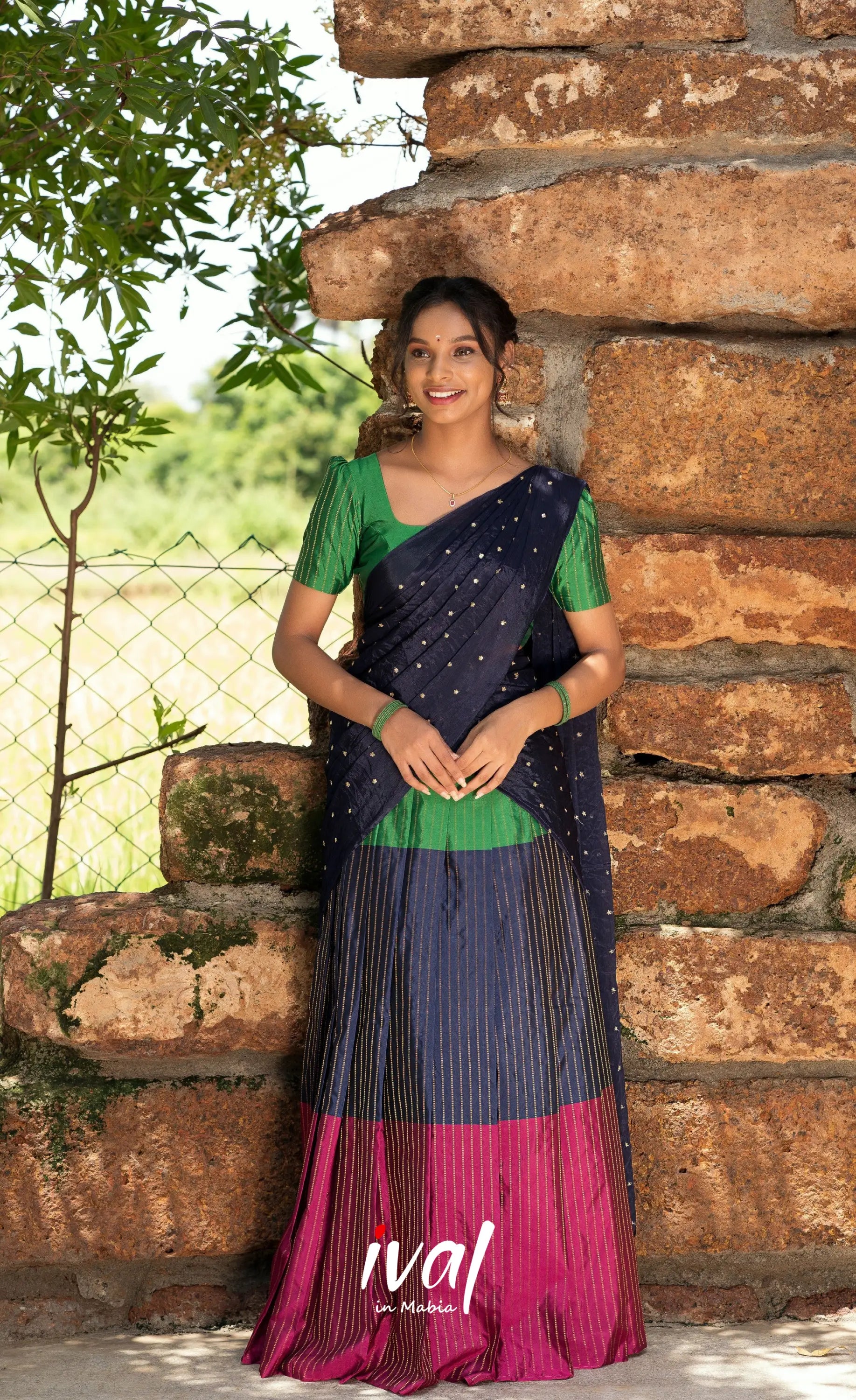 Padmakshi Blended Silk Halfsaree - Magenta Navy Blue and Green Half Sarees