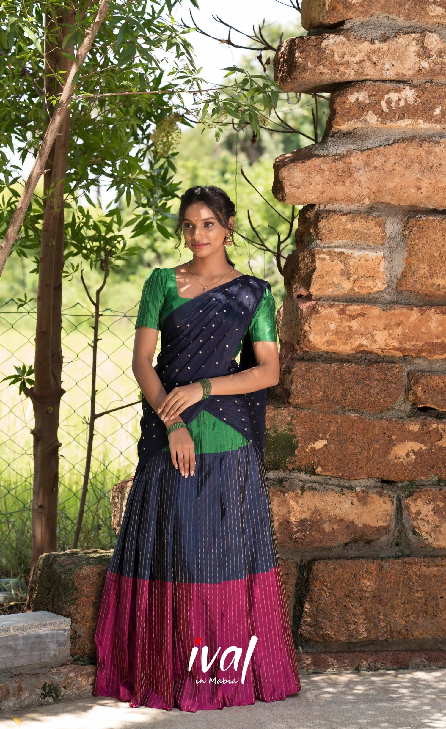 Padmakshi Blended Silk Halfsaree - Magenta Navy Blue and Green Half Sarees