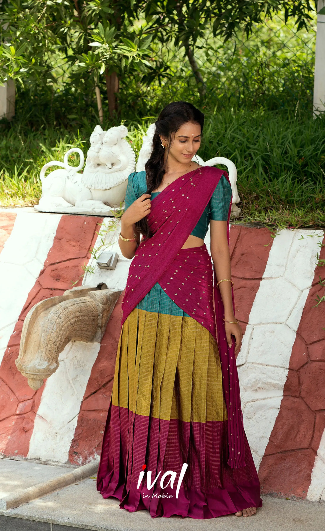Padmakshi Blended Silk Halfsaree - Magenta Teal and Mustard Half Sarees