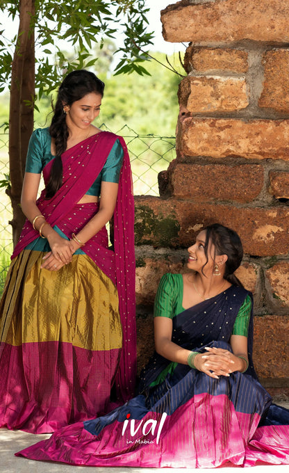 Padmakshi Blended Silk Halfsaree - Magenta,Teal and Mustard Half Sarees