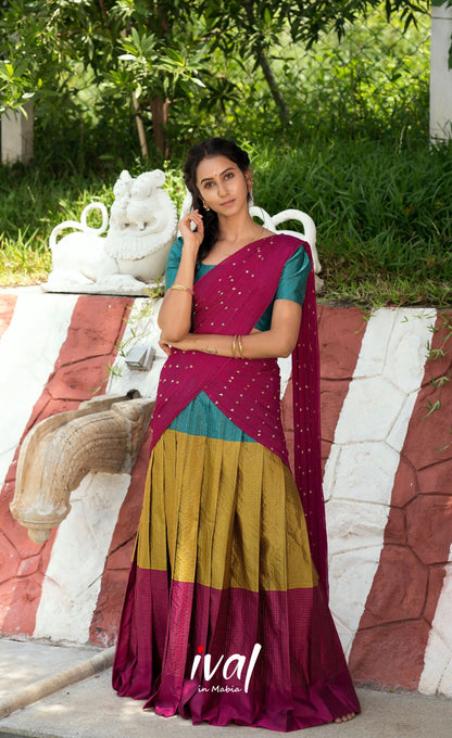Padmakshi Blended Silk Halfsaree - Magenta,Teal and Mustard Half Sarees
