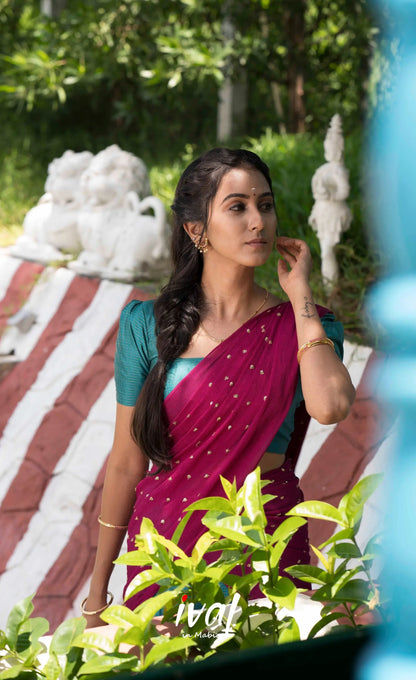 Padmakshi Blended Silk Halfsaree - Magenta,Teal and Mustard Half Sarees