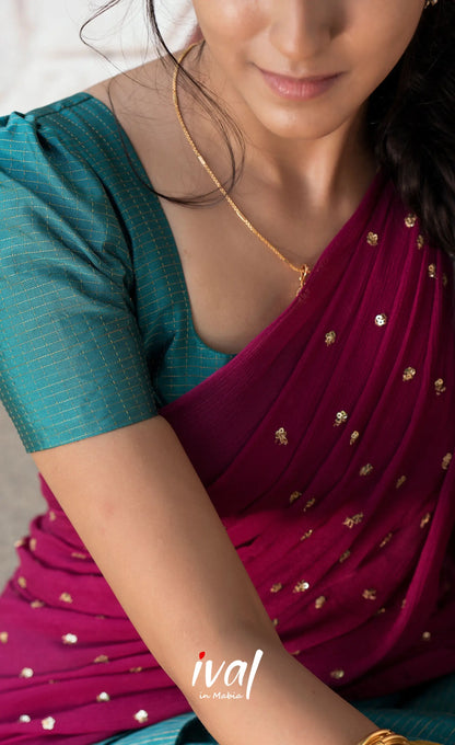 Padmakshi Blended Silk Halfsaree - Magenta,Teal and Mustard Half Sarees