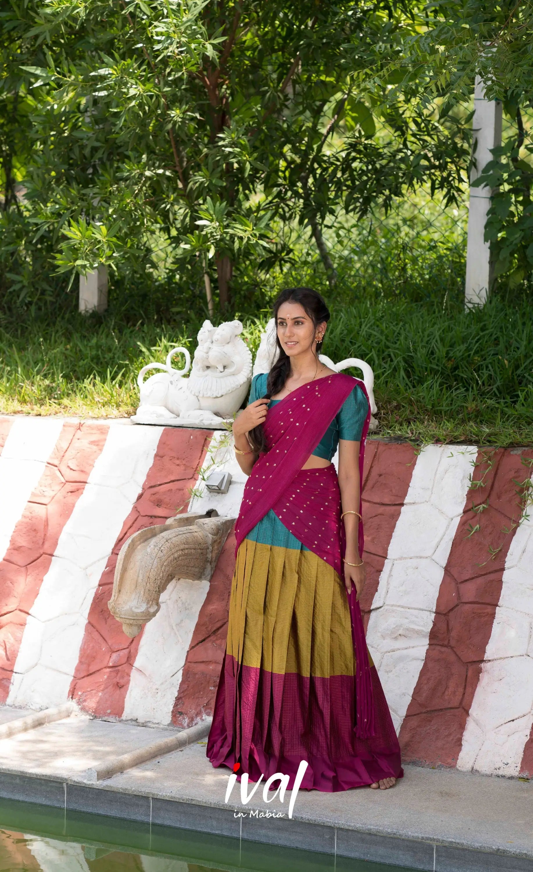Padmakshi Blended Silk Halfsaree - Magenta,Teal and Mustard Half Sarees