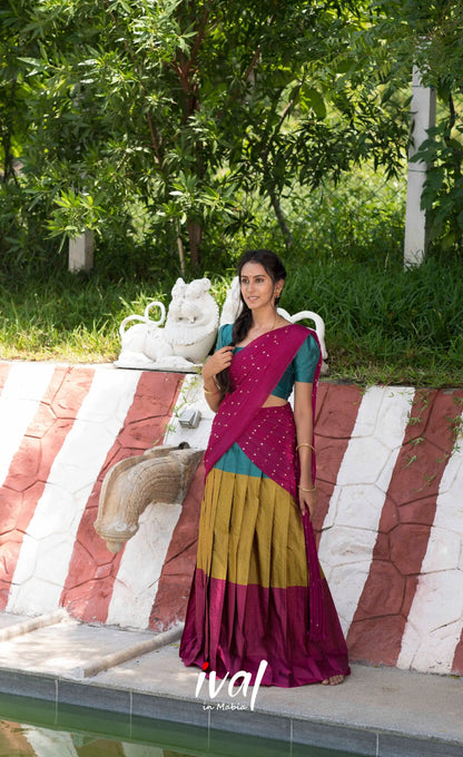 Padmakshi Blended Silk Halfsaree - Magenta,Teal and Mustard Half Sarees