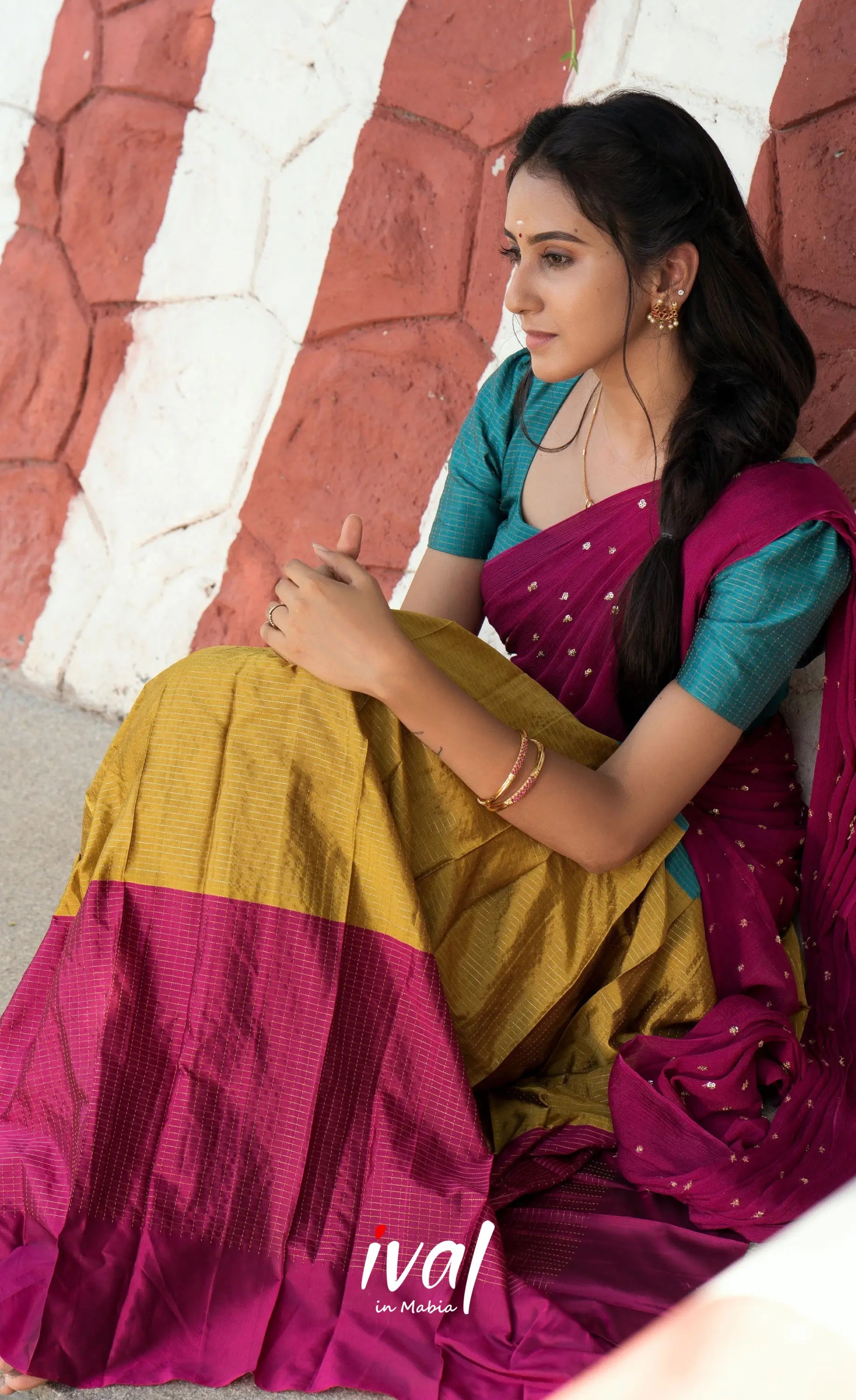 Padmakshi Blended Silk Halfsaree - Magenta,Teal and Mustard Half Sarees