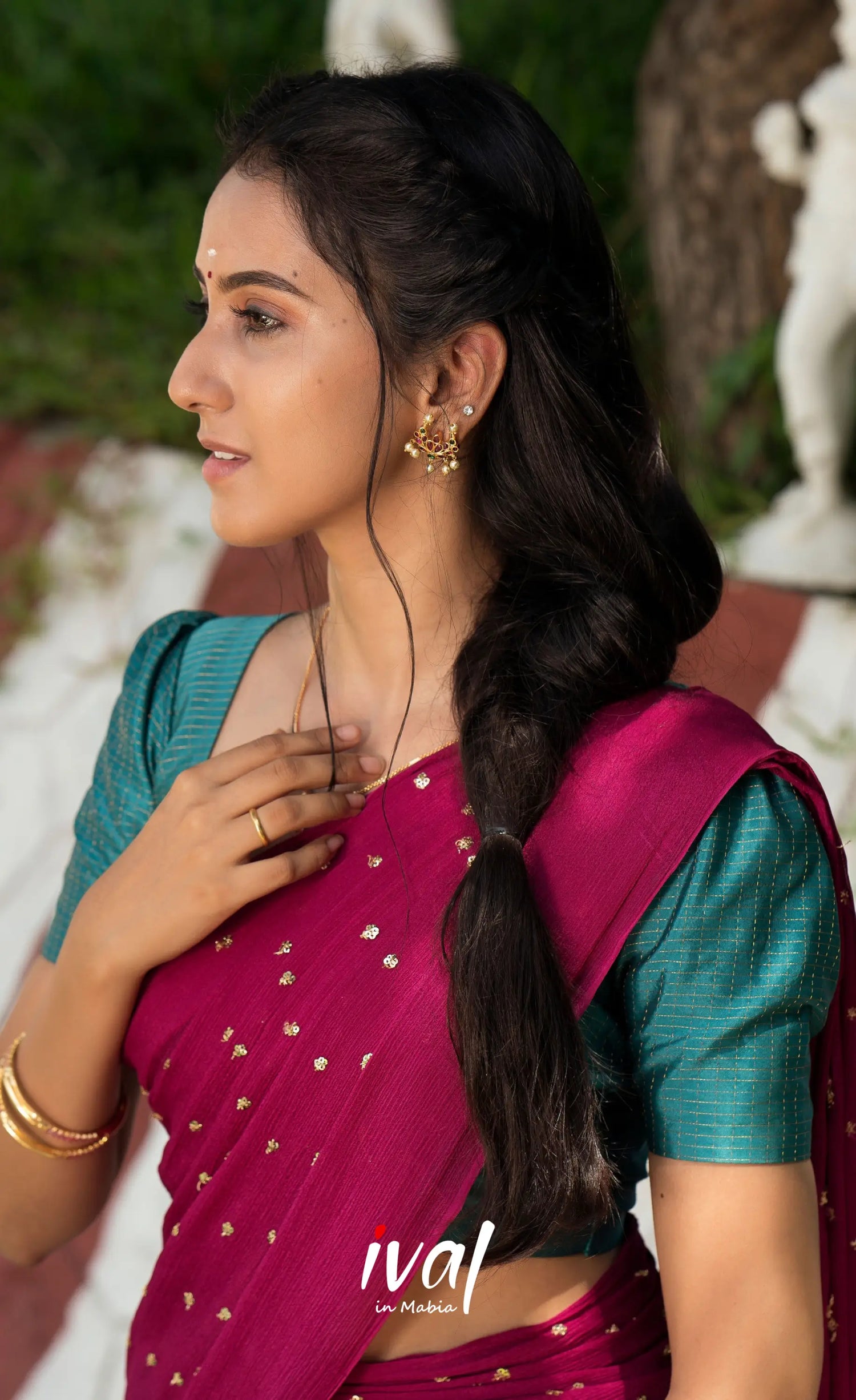 Padmakshi Blended Silk Halfsaree - Magenta Teal and Mustard Half Sarees