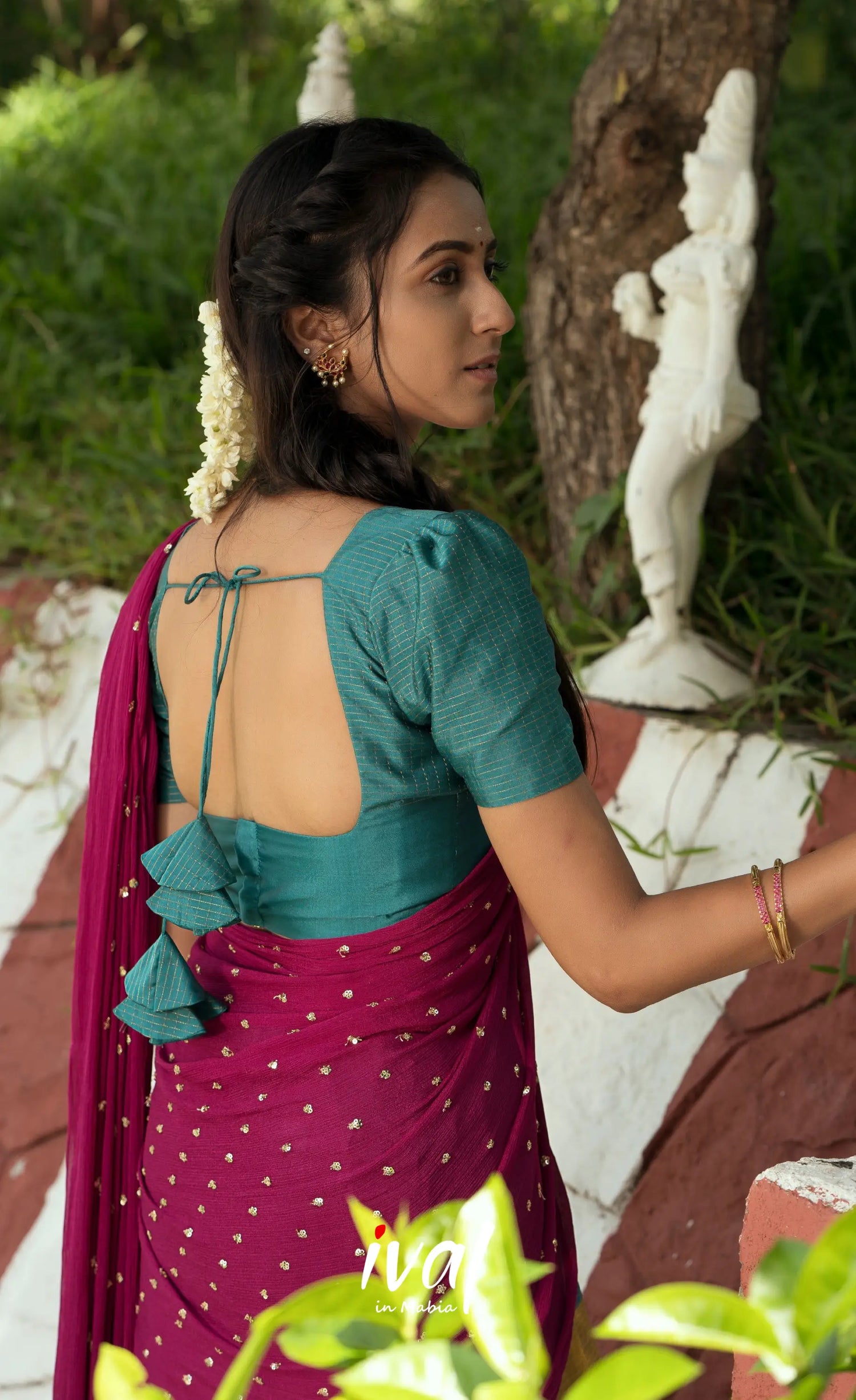 Padmakshi Blended Silk Halfsaree - Magenta,Teal and Mustard Half Sarees