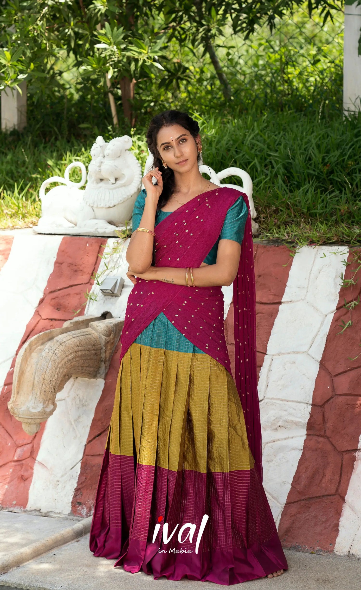 Padmakshi Blended Silk Halfsaree - Magenta Teal and Mustard Half Sarees