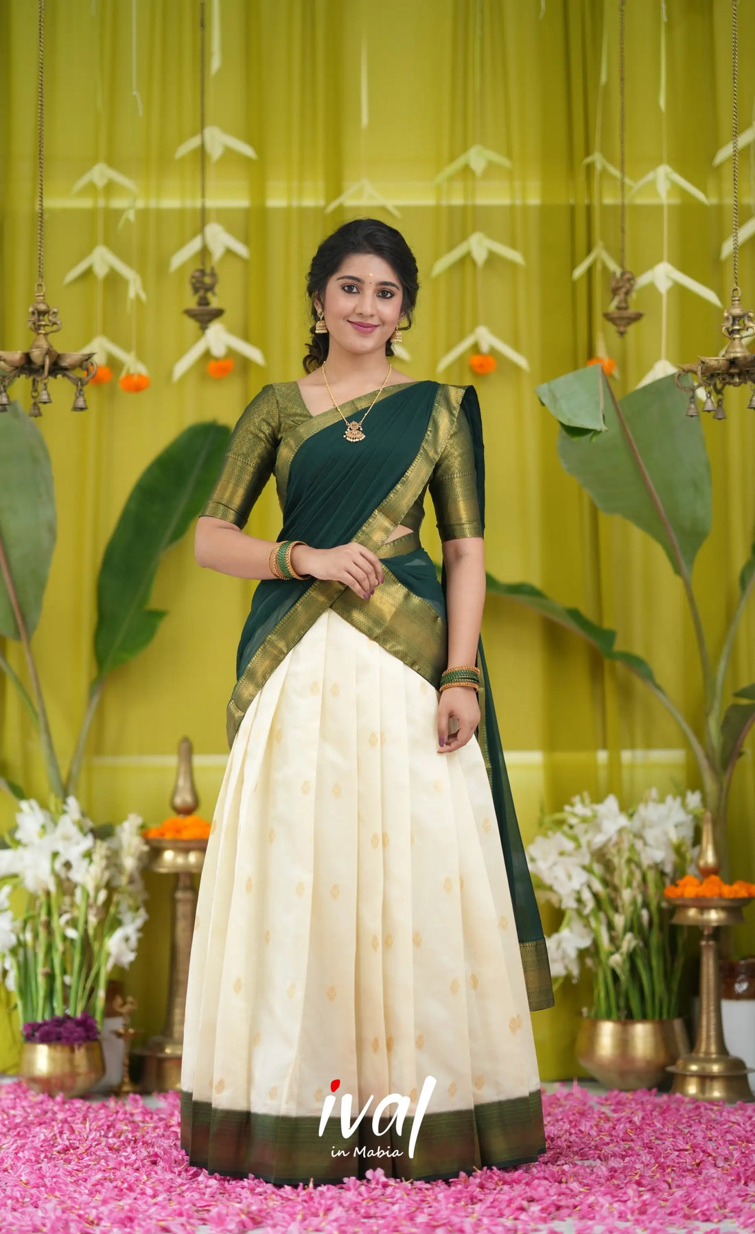 Padmakshi Blended Silk Halfsaree - Off white and Bottle Green Half Sarees