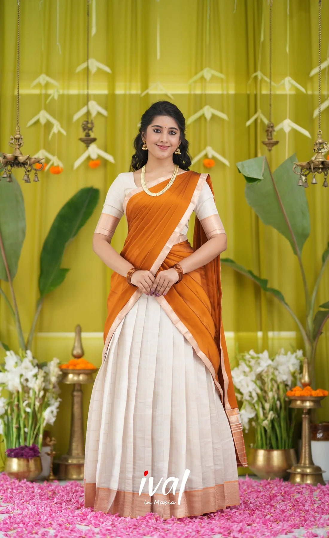 Padmakshi Blended Silk Halfsaree - Off white and Copper Half Sarees