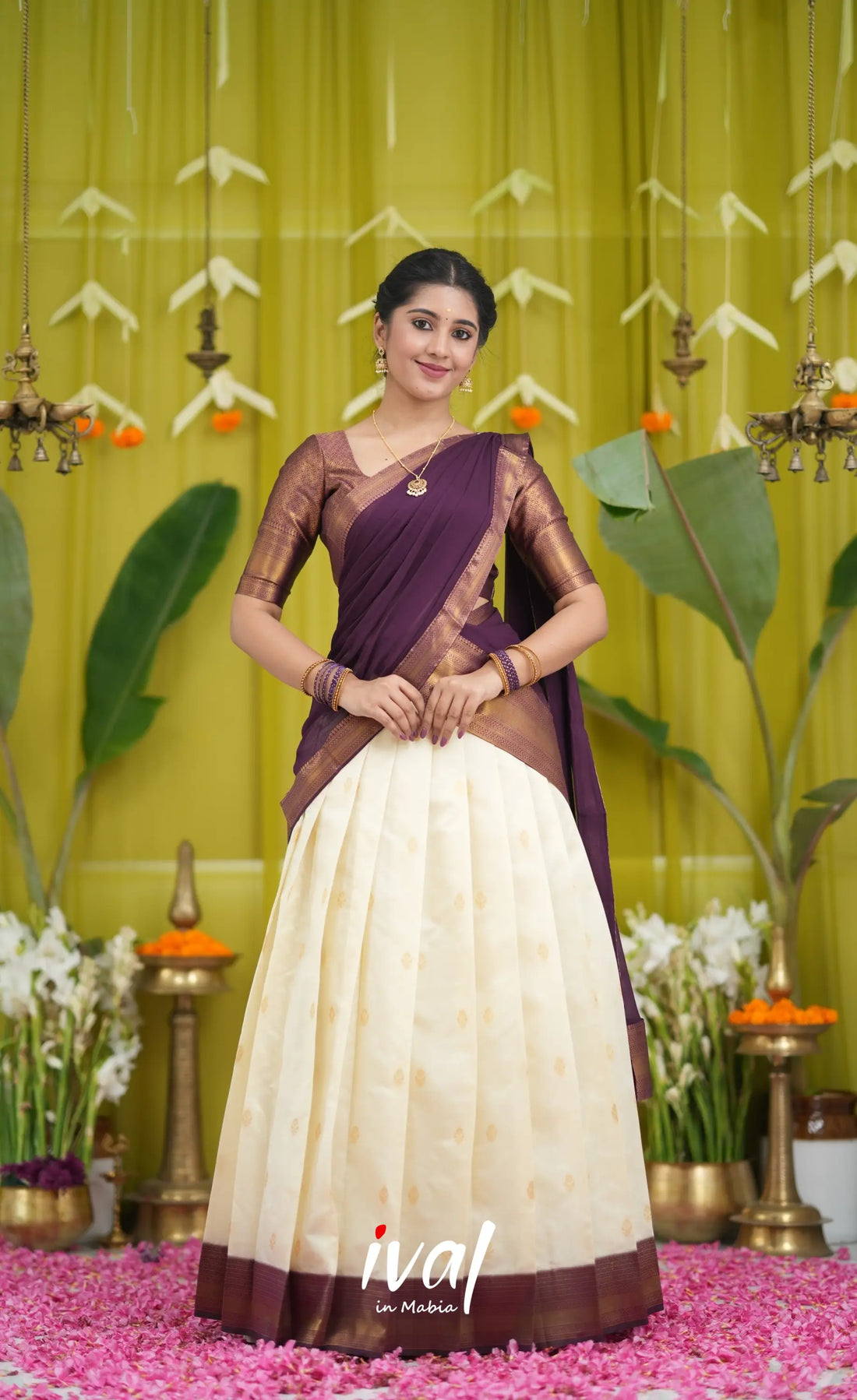 Padmakshi Blended Silk Halfsaree - Off white and Magenta Purple Half Sarees