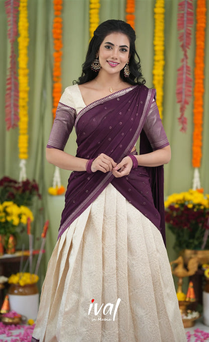 Padmakshi Blended Silk Halfsaree Off white and Magentaish Purple Half Sarees