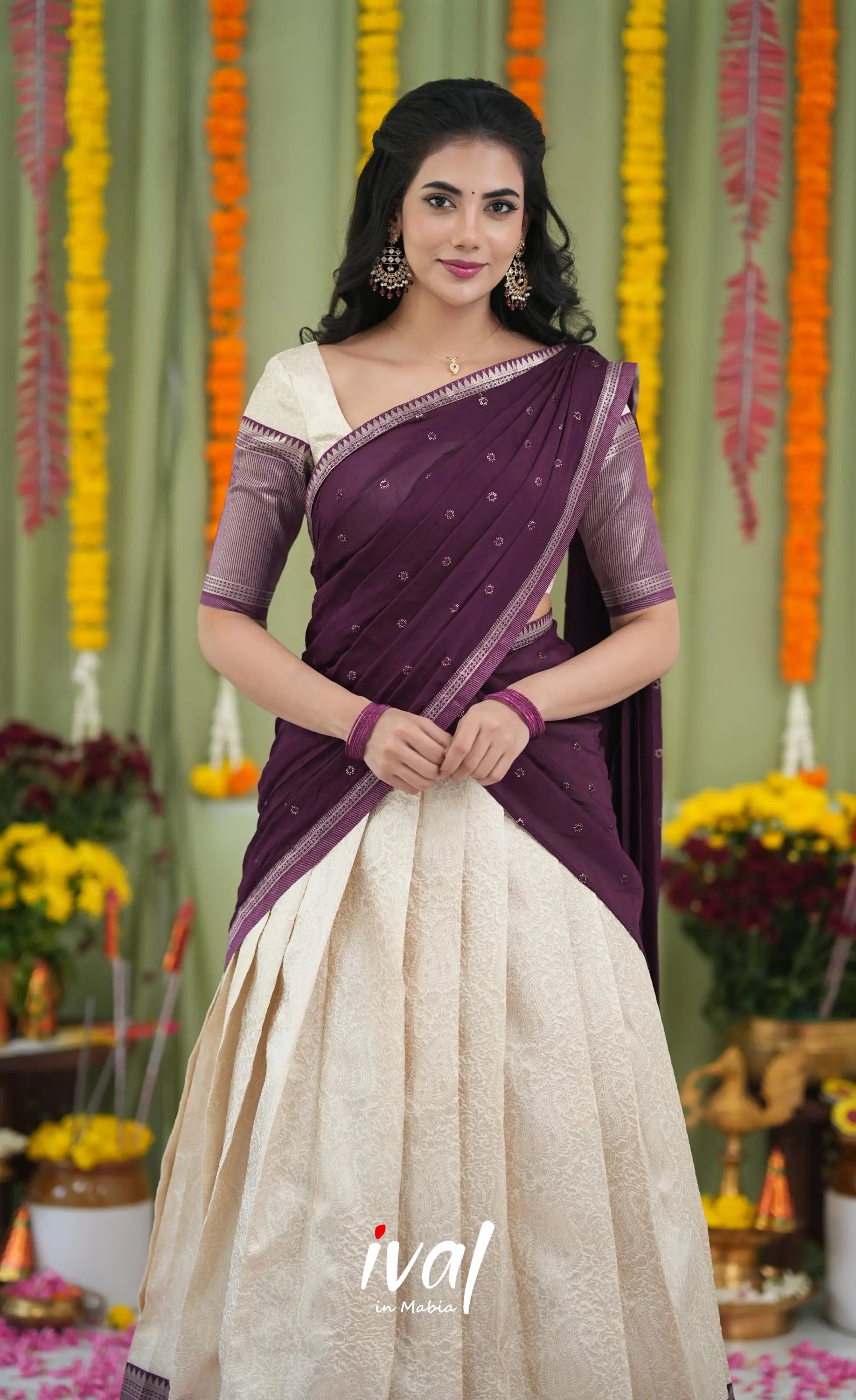 Padmakshi Blended Silk Halfsaree Off white and Magentaish Purple Half Sarees