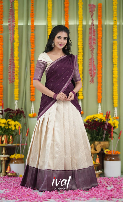 Padmakshi Blended Silk Halfsaree Off white and Magentaish Purple Half Sarees