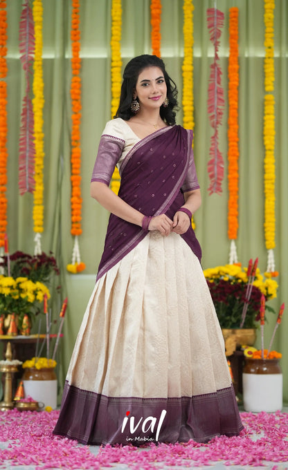 Padmakshi Blended Silk Halfsaree Off white and Magentaish Purple Half Sarees
