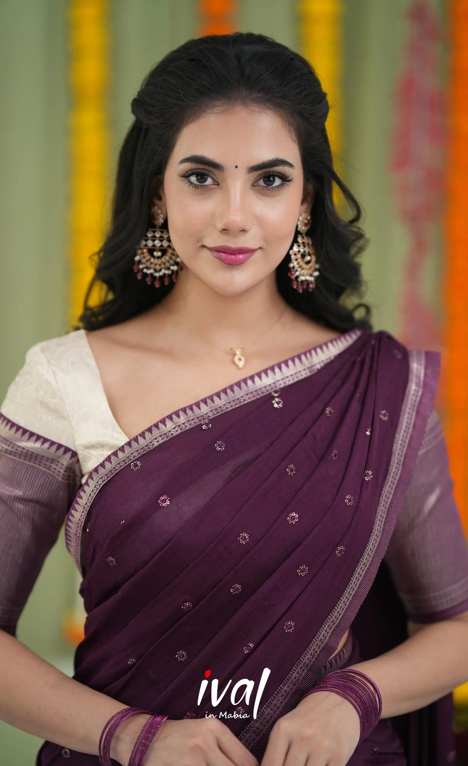 Padmakshi Blended Silk Halfsaree Off white and Magentaish Purple Half Sarees