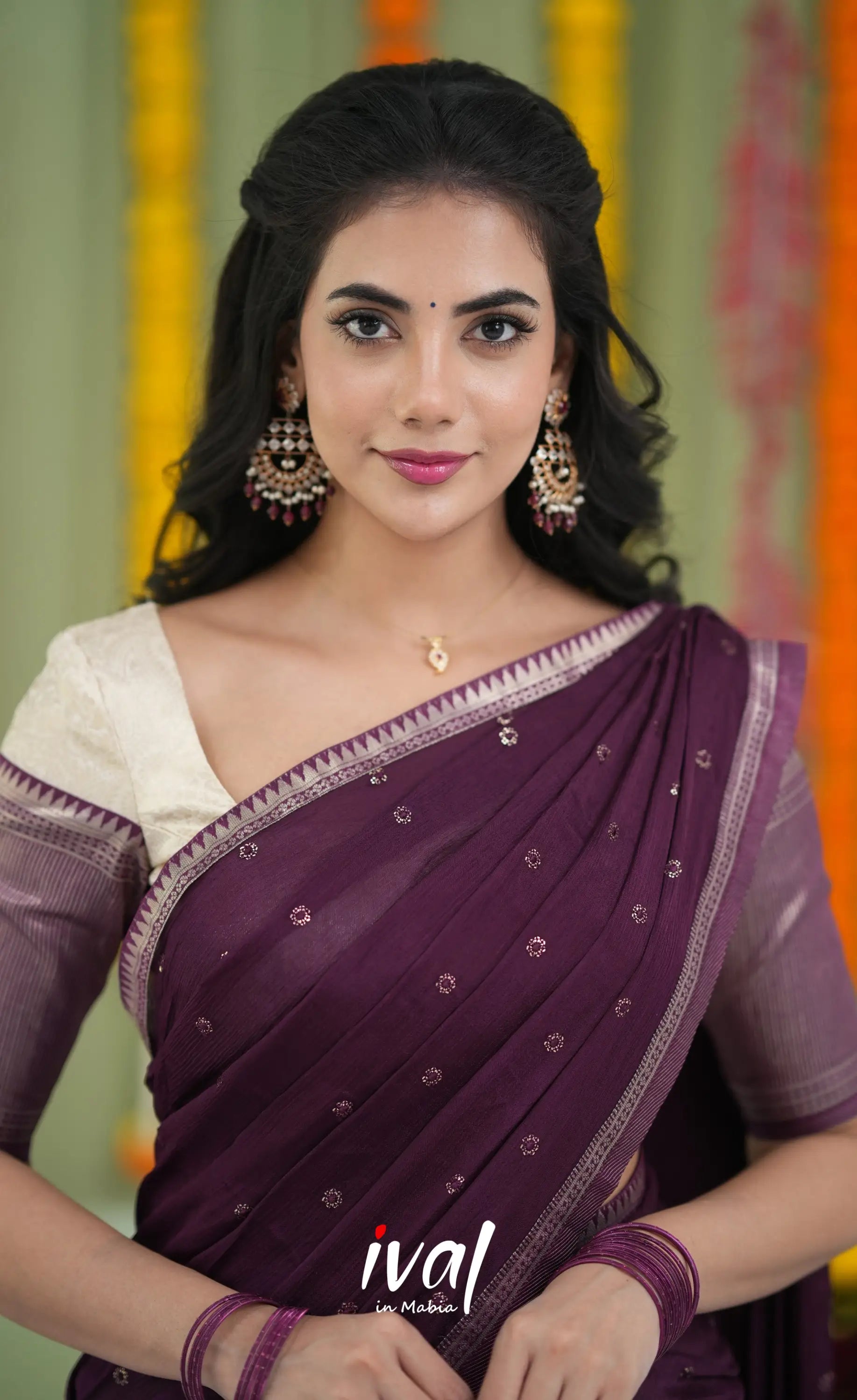 Padmakshi Blended Silk Halfsaree Off white and Magentaish Purple Half Sarees