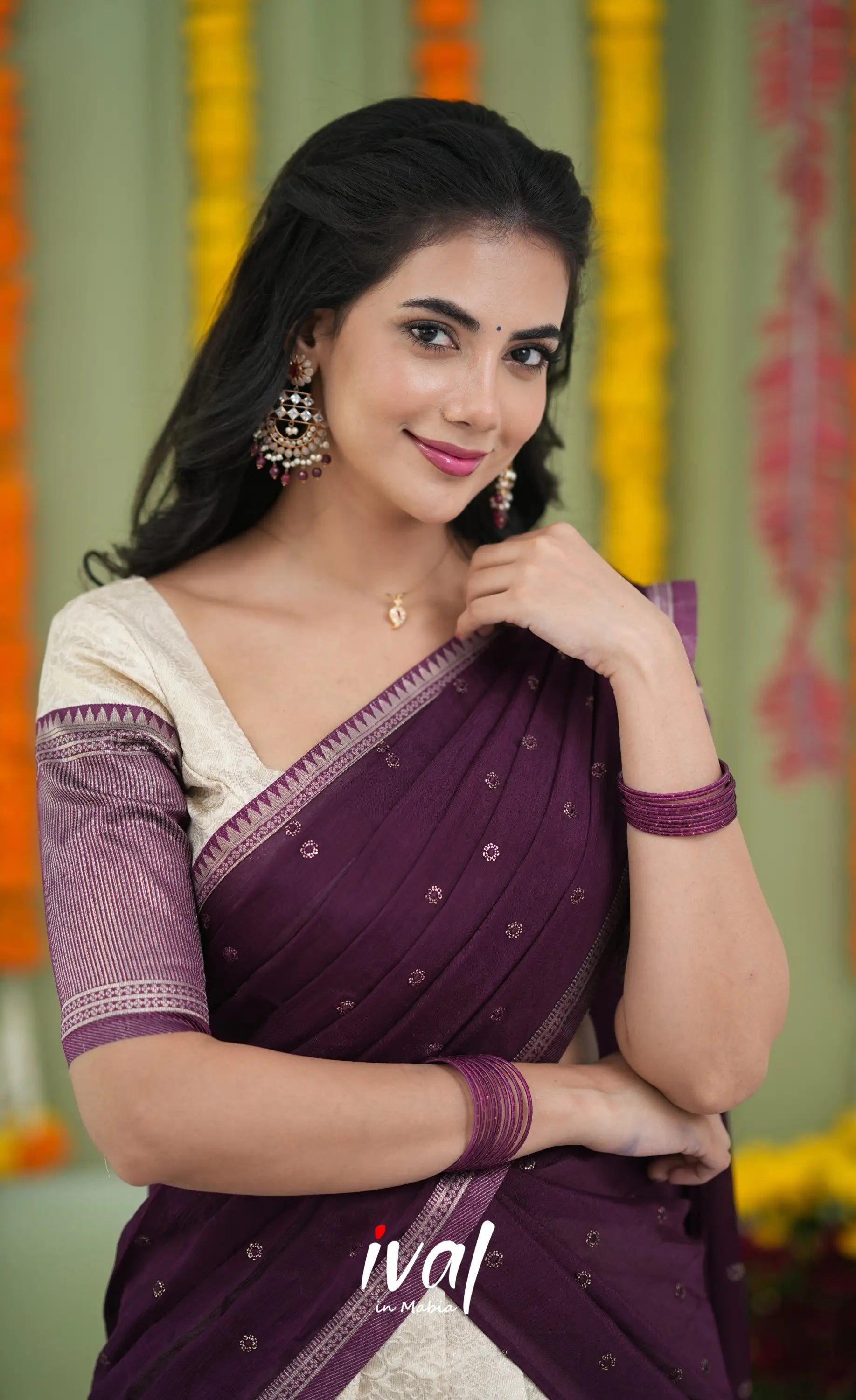 Padmakshi Blended Silk Halfsaree Off white and Magentaish Purple Half Sarees