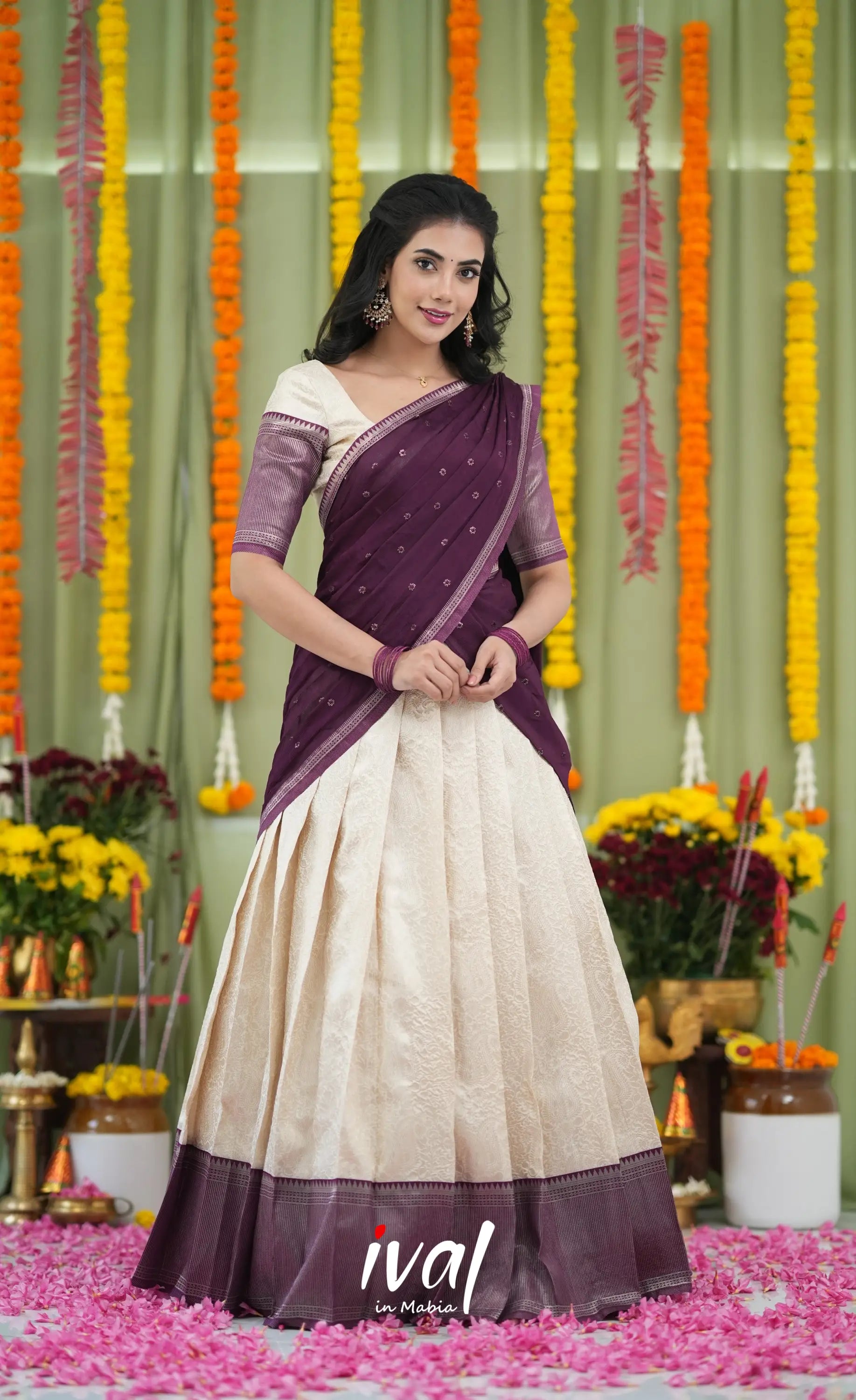 Padmakshi Blended Silk Halfsaree Off white and Magentaish Purple Half Sarees