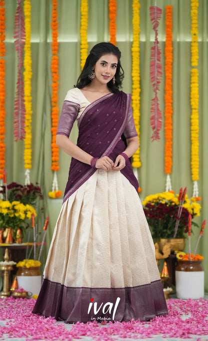 Padmakshi Blended Silk Halfsaree Off white and Magentaish Purple Half Sarees