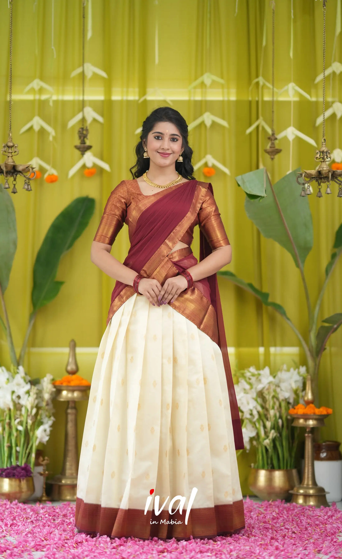 Padmakshi Blended Silk Halfsaree - Off white and Maroon Half Sarees