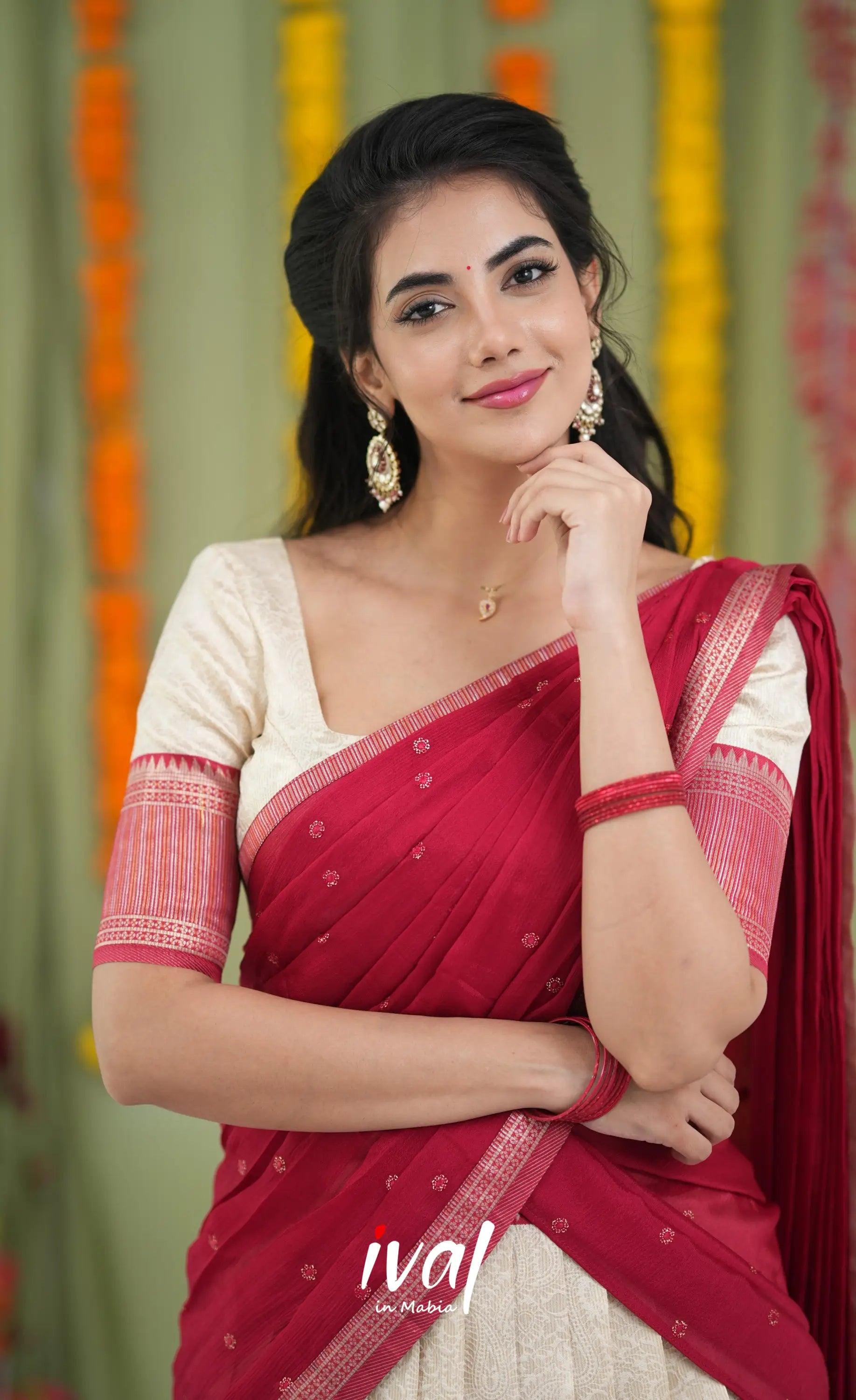 Padmakshi Blended Silk Halfsaree Off white and Red Half Sarees