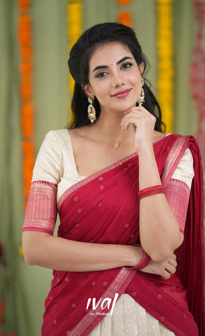 Padmakshi Blended Silk Halfsaree Off white and Red Half Sarees