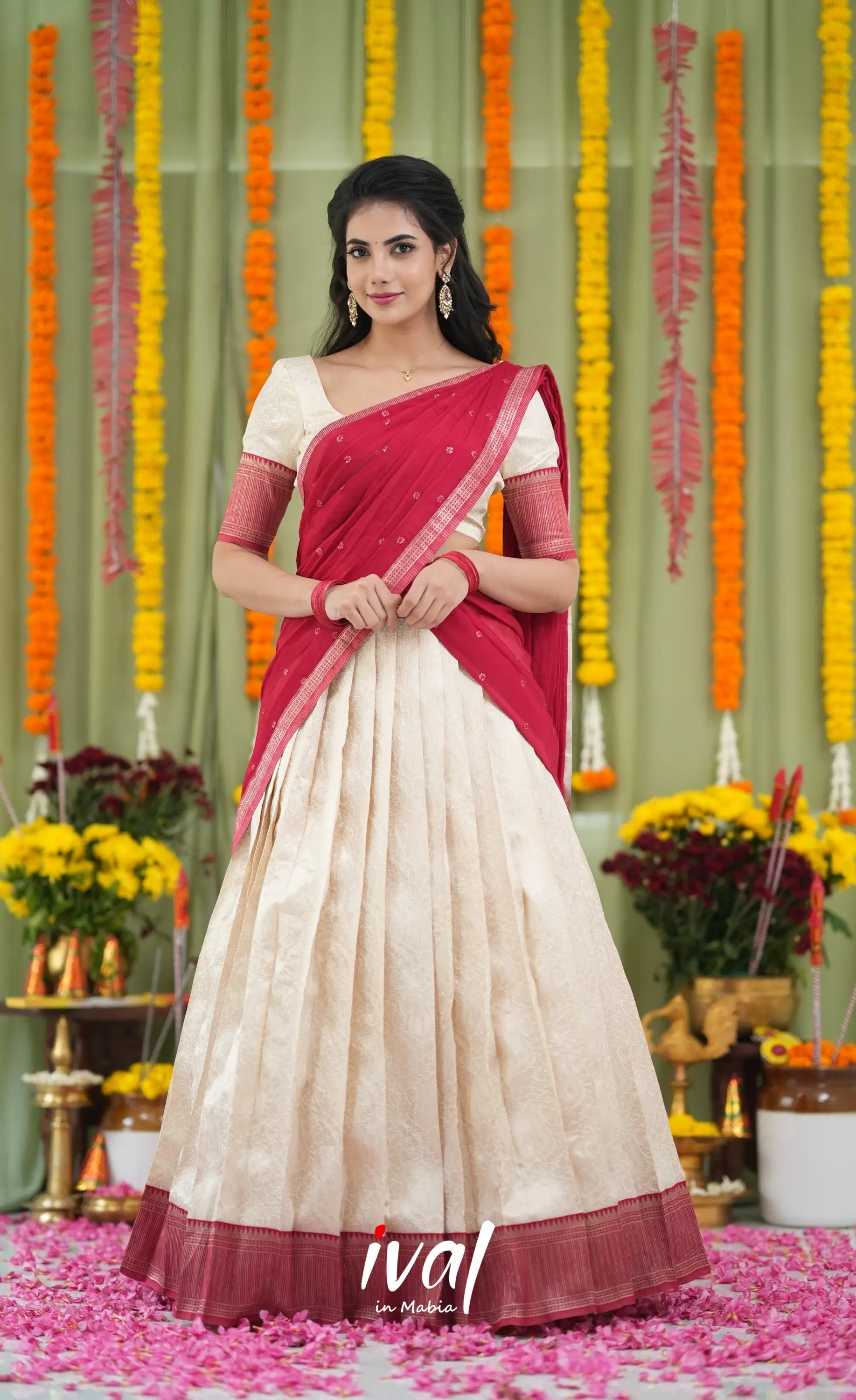 Padmakshi Blended Silk Halfsaree Off white and Red Half Sarees