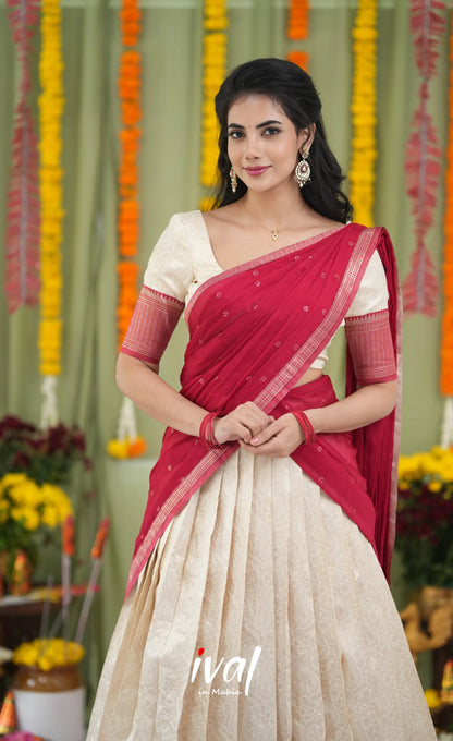 Padmakshi Blended Silk Halfsaree Off white and Red Half Sarees