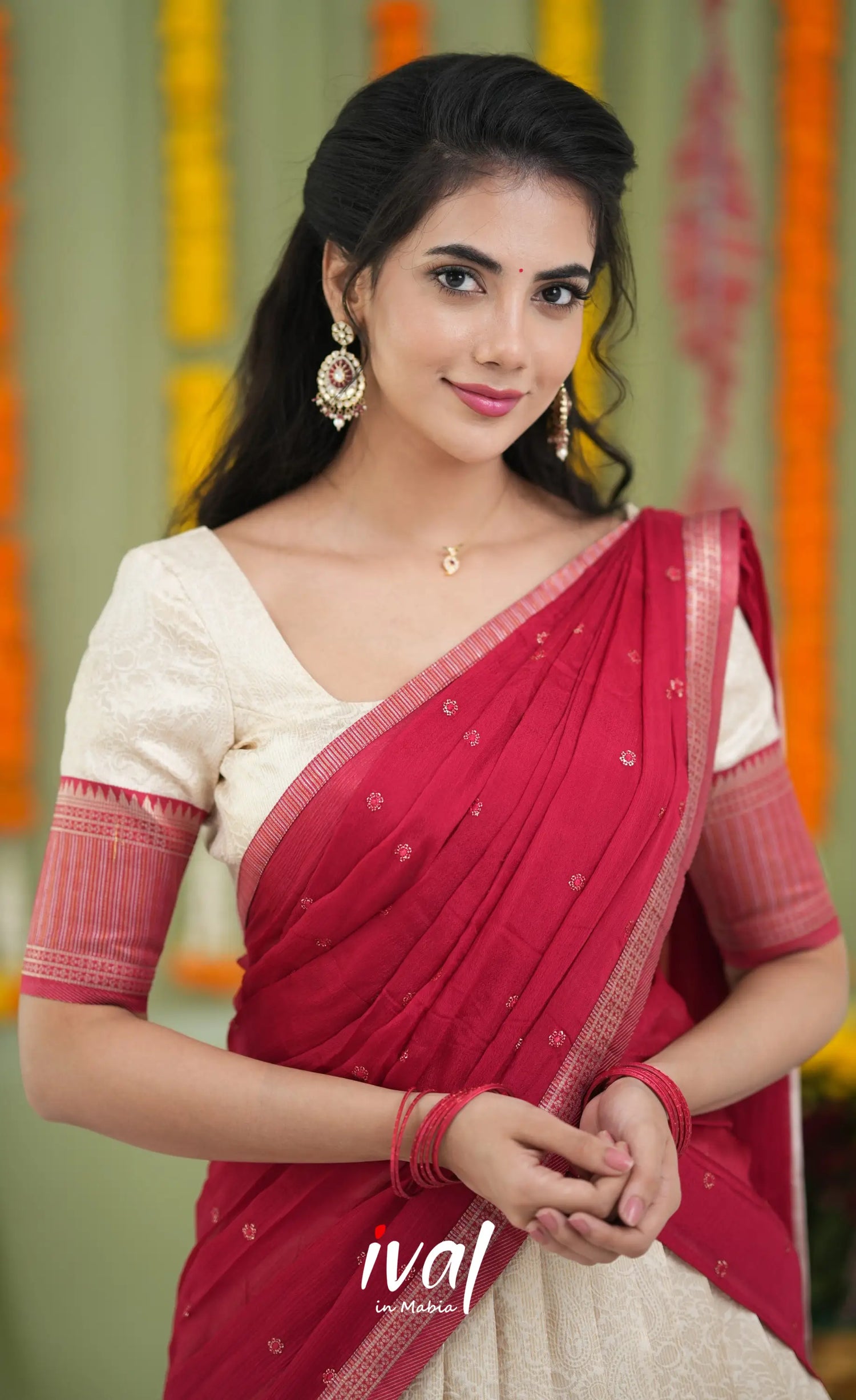 Padmakshi Blended Silk Halfsaree Off white and Red Half Sarees